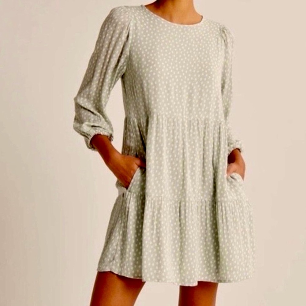 Abercrombie & Fitch Light Sage Polka Dot Tiered Mini Dress